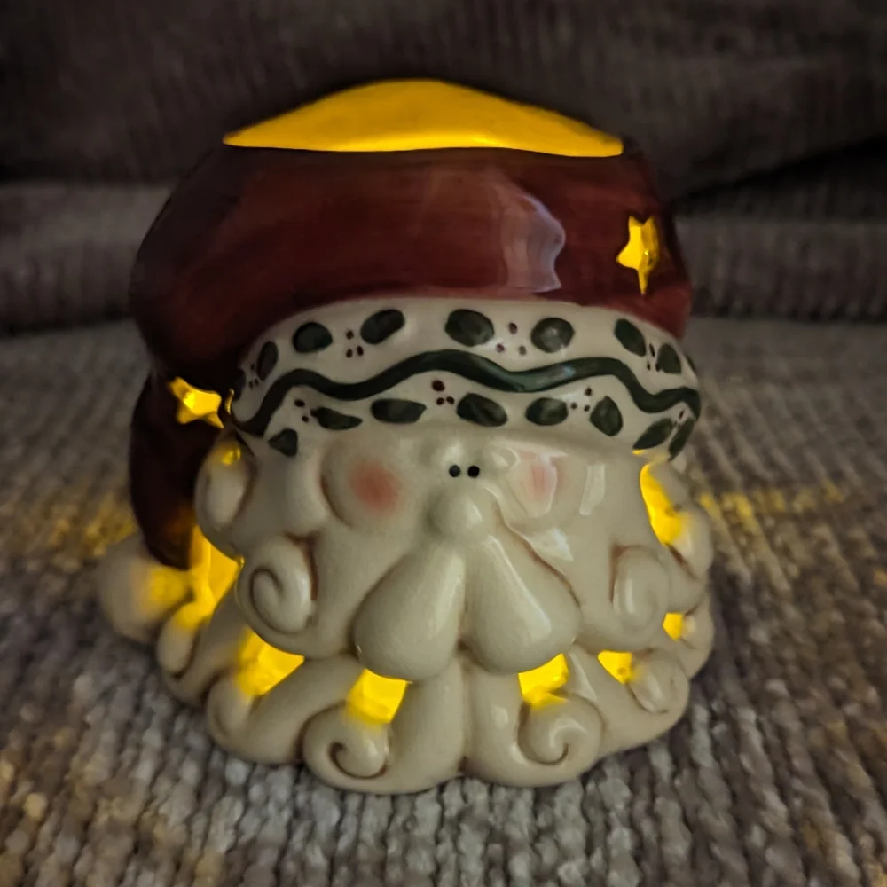 VTG Ceramic Santa Head Tea Light Votive Candle Holder W/Stars‎ And Tree Cut-Outs